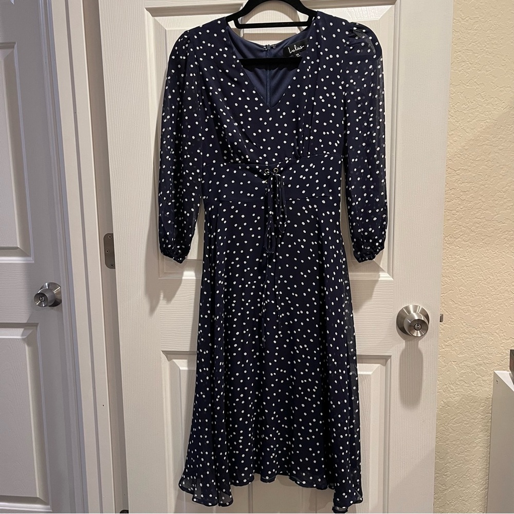 LULUS navy blue polka dot midi dress